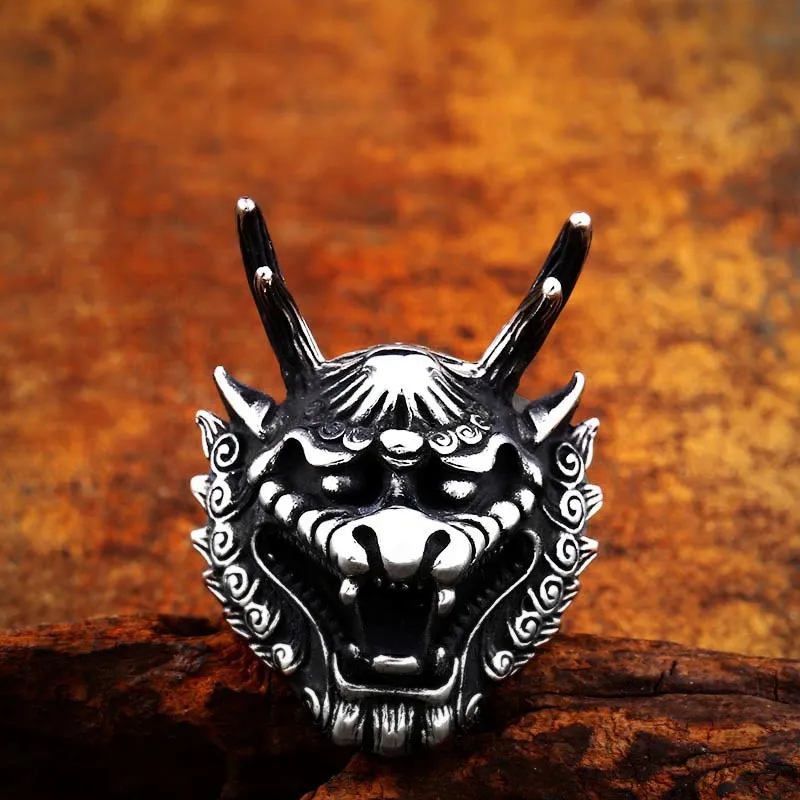 Men's stainless steel ring with dragon motif available in multiple sizes and two colour finishes