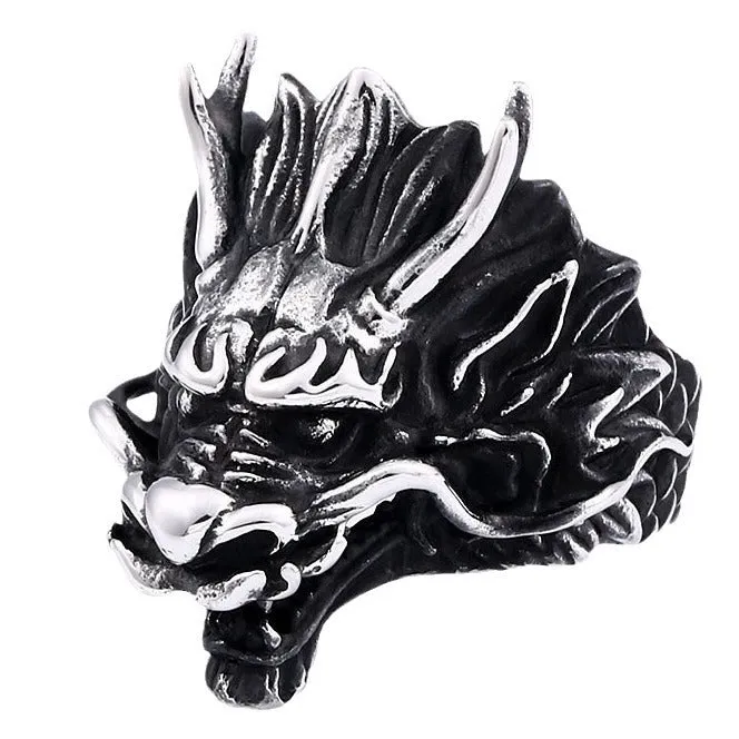 Men's stainless steel ring with dragon motif available in multiple sizes and two colour finishes