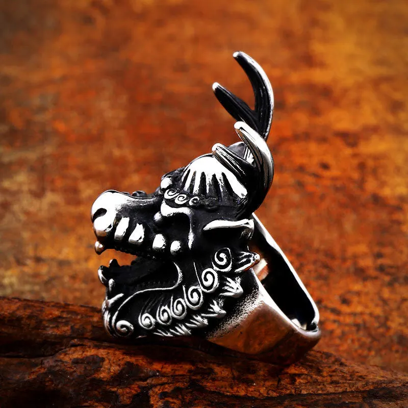 Men's stainless steel ring with dragon motif available in multiple sizes and two colour finishes