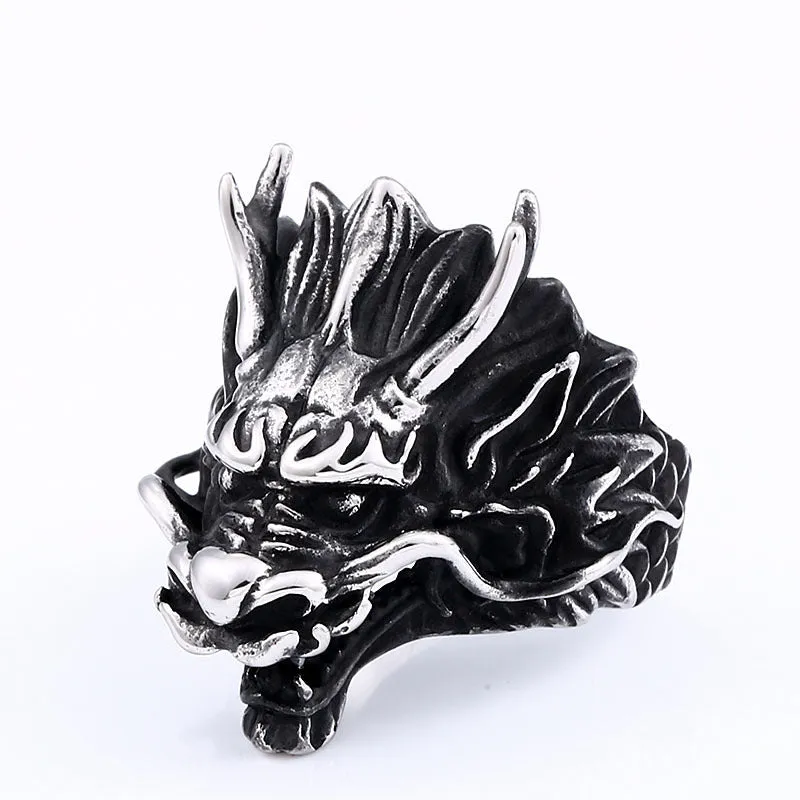Men's stainless steel ring with dragon motif available in multiple sizes and two colour finishes