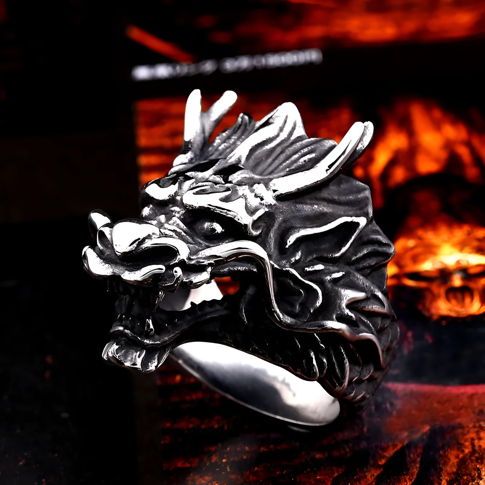 Men's stainless steel ring with dragon motif available in multiple sizes and two colour finishes