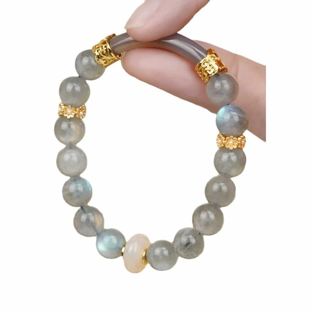 Handcrafted gray moonstone half bracelet for women with 8mm round agate beads on a wrist.