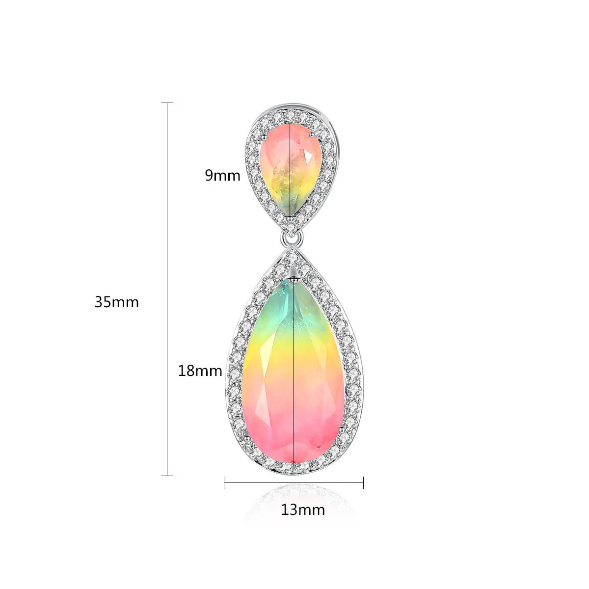 Drop shape copper earrings with inlaid synthetic gemstone in blue colour option on a white background