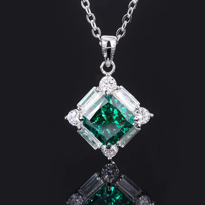 S925 silver emerald diamond jewellery set with necklace earrings and ring on display