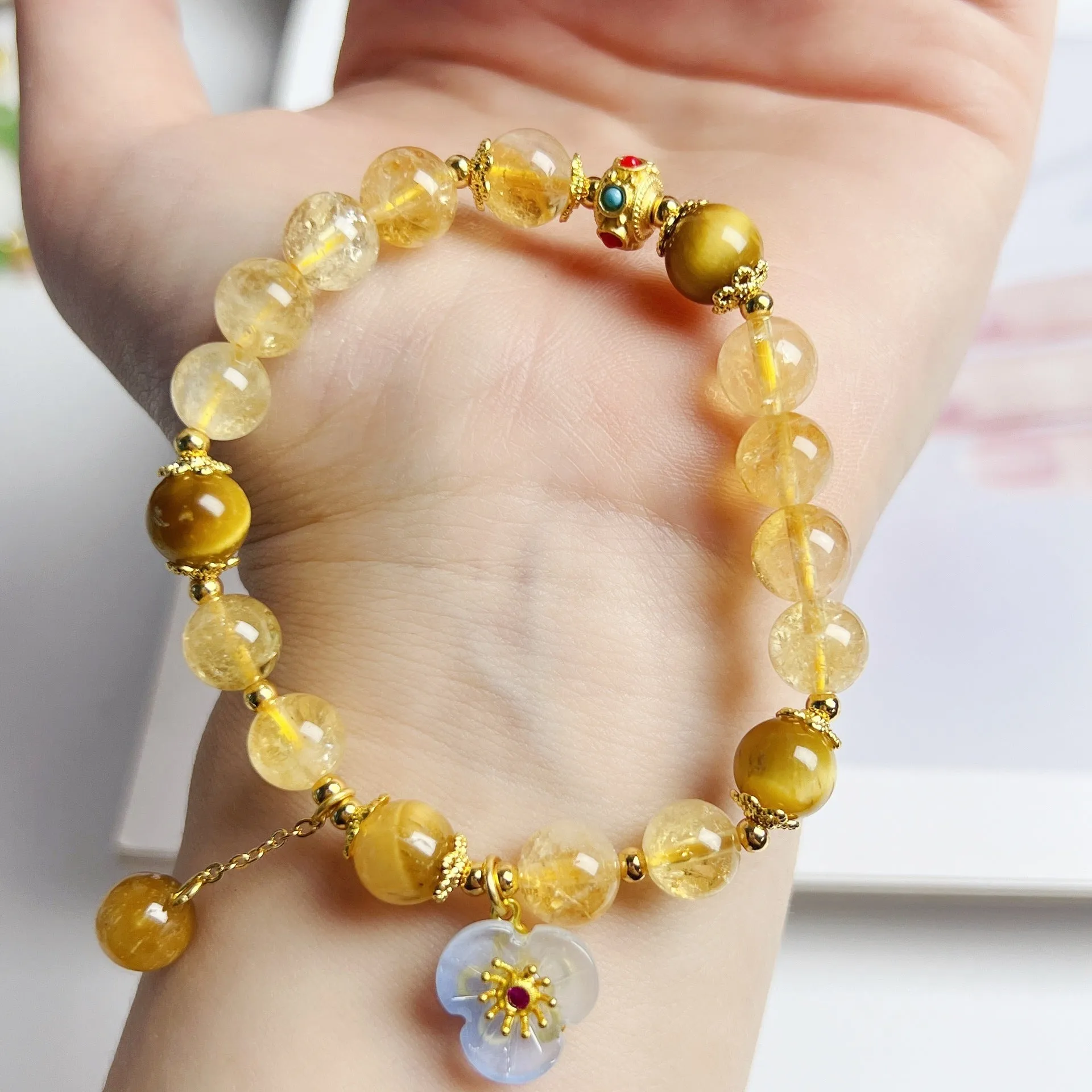 Handmade citrine crystal bracelet with flower tassel detail for women