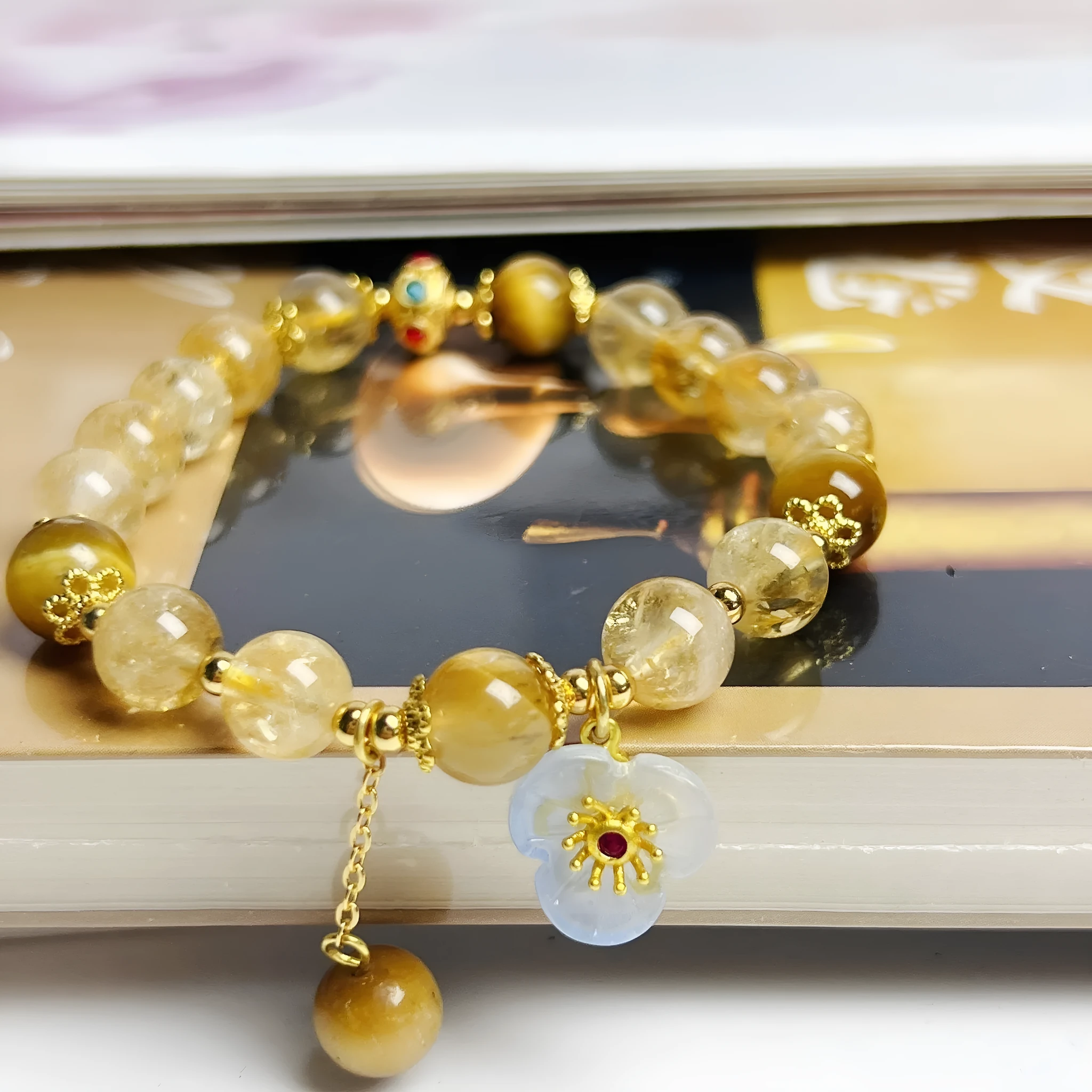 Handmade citrine crystal bracelet with flower tassel detail for women