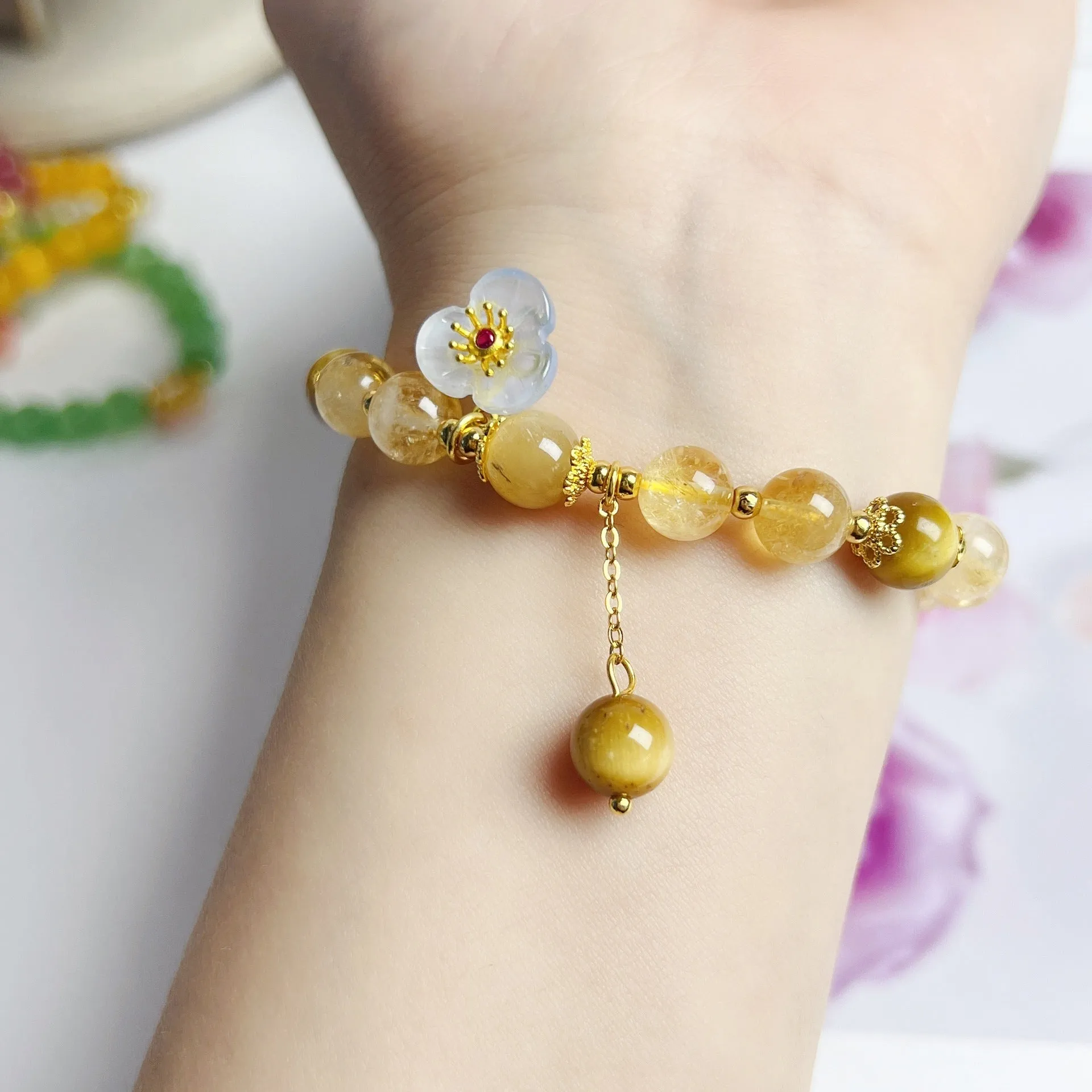 Handmade citrine crystal bracelet with flower tassel detail for women
