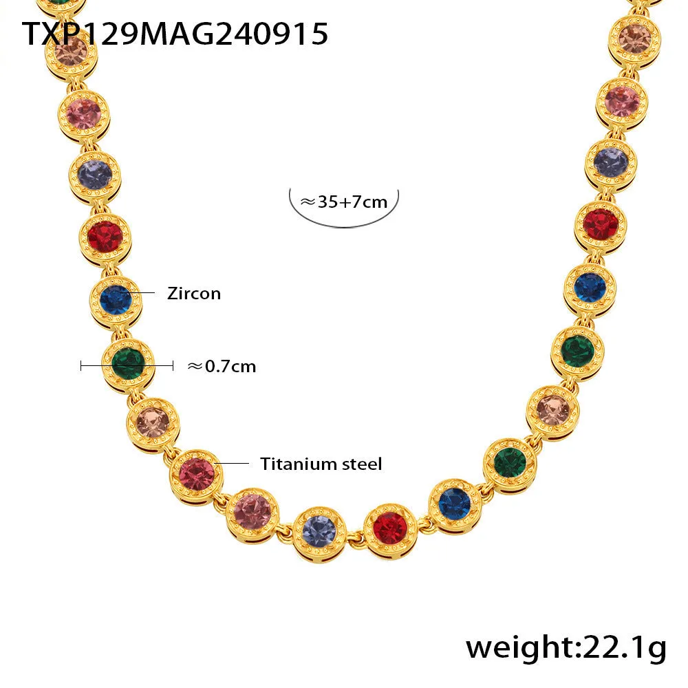 Titanium steel zircon necklace with Bohemian regular chain, golden mixed colour pendant on model