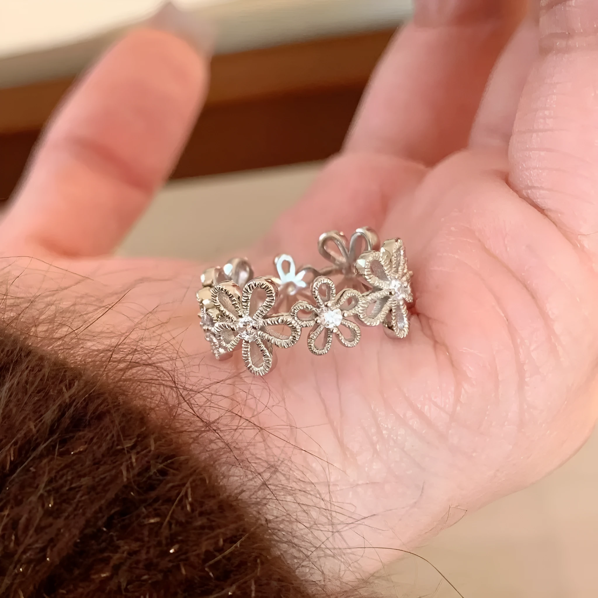 Lace hollow five petal flower ring on finger, copper electroplated finish, flower and geometric shape, women's Japan Korea style accessory