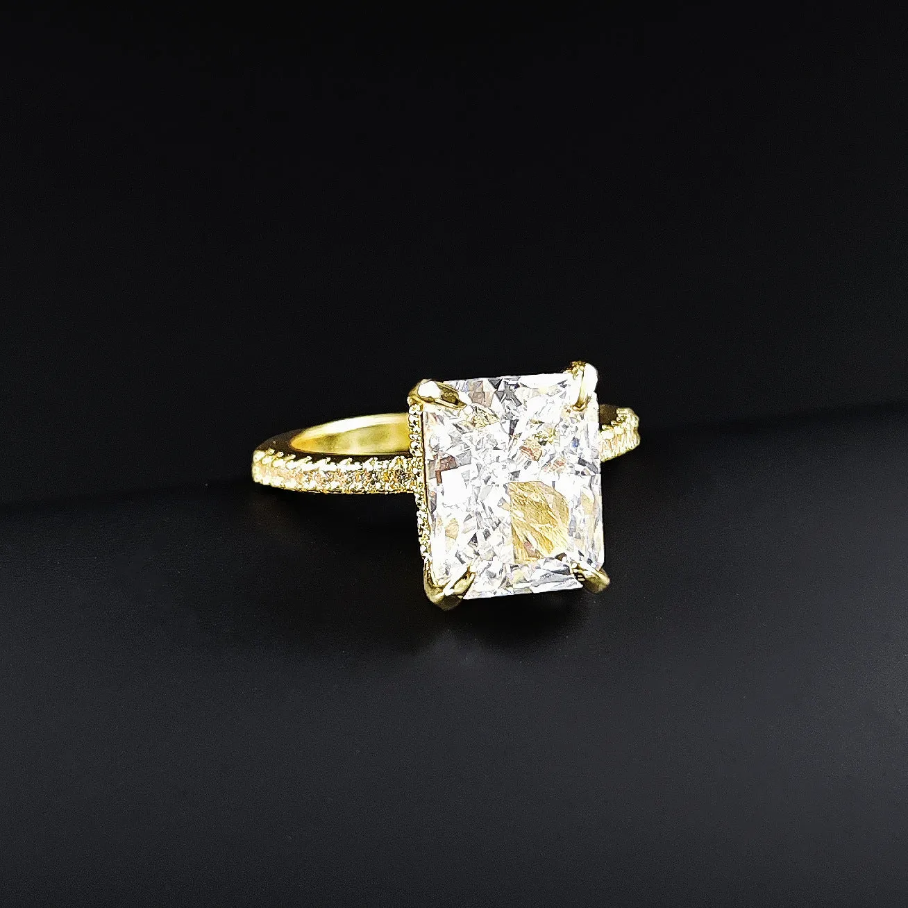 Ice flower cut copper ring for women in gold colour, electroplated finish, geometric quadrilateral shape