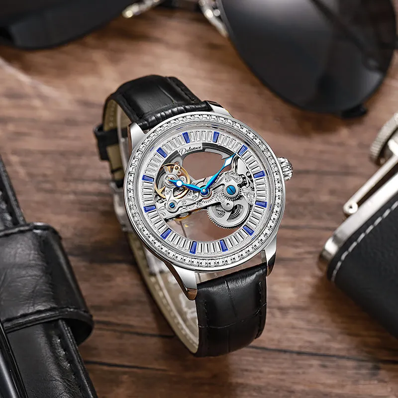 Men's zircon mechanical watch with transparent case back showing movement