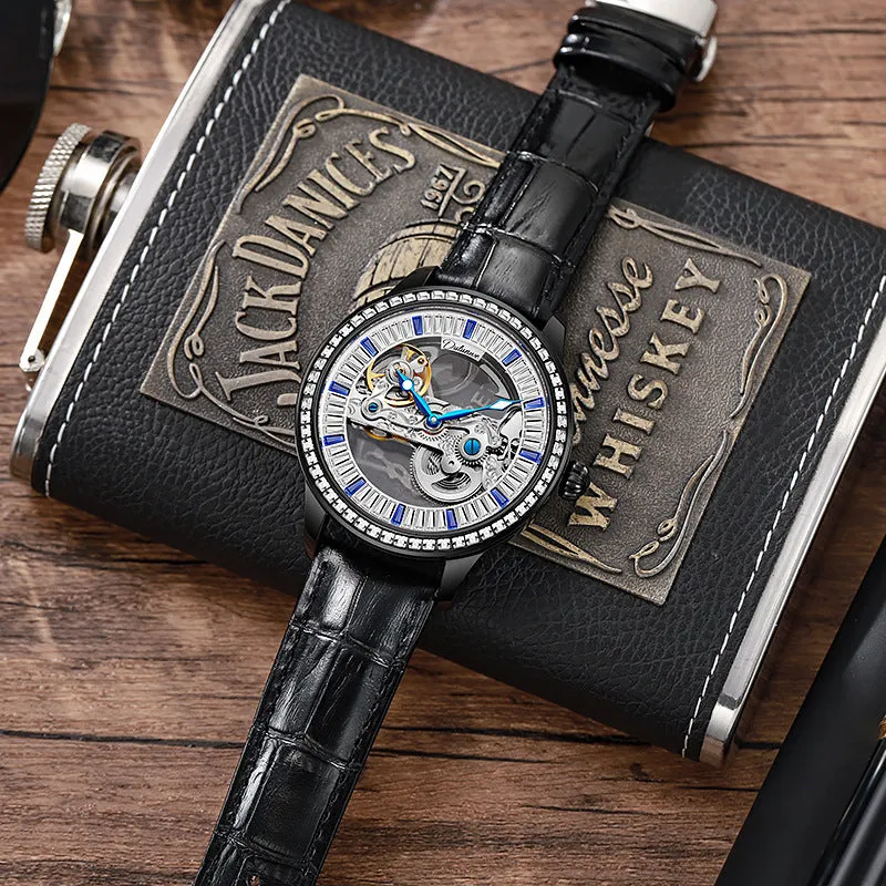 Men's zircon mechanical watch with transparent case back showing movement