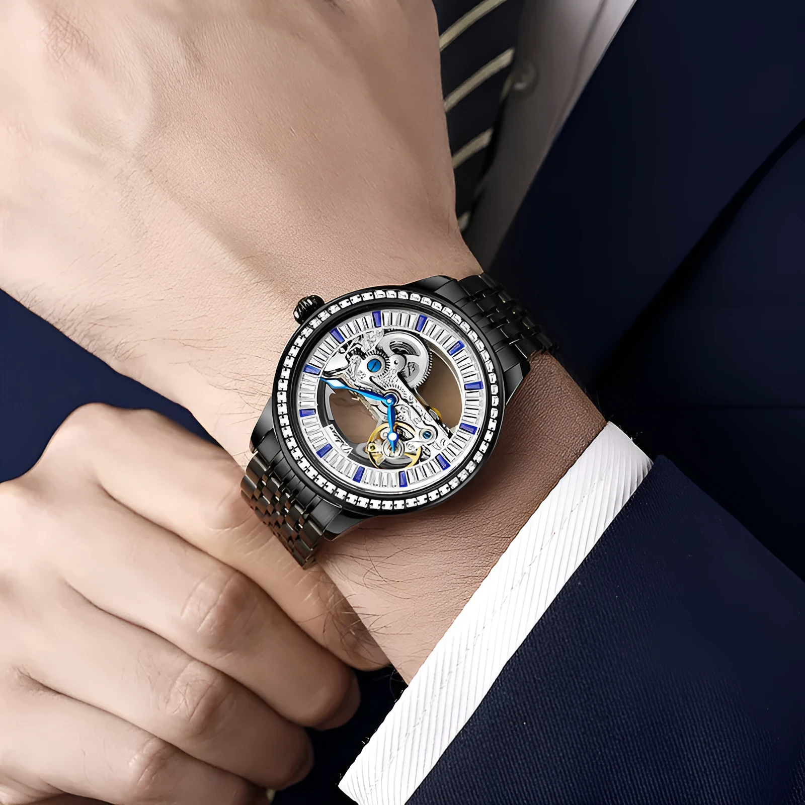 Men's zircon mechanical watch with transparent case back showing movement