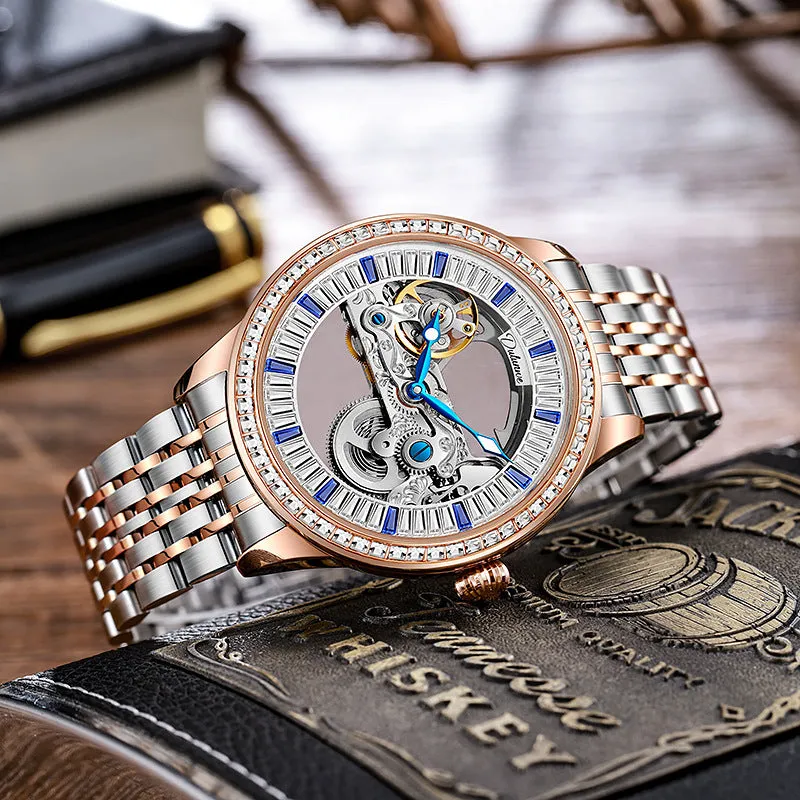 Men's zircon mechanical watch with transparent case back showing movement