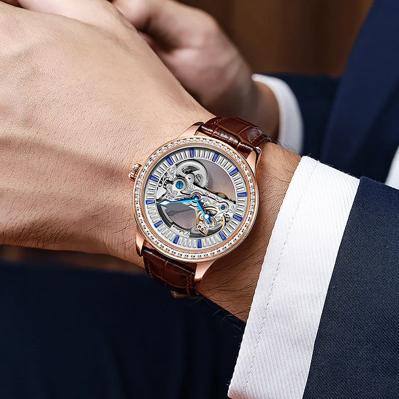 Men's zircon mechanical watch with transparent case back showing movement