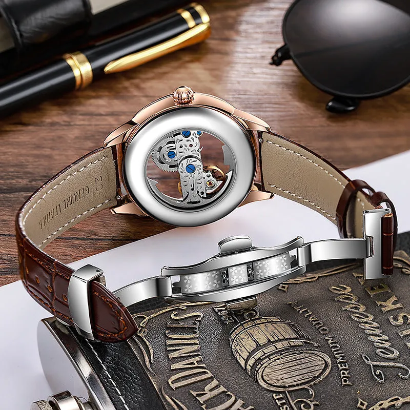 Men's zircon mechanical watch with transparent case back showing movement