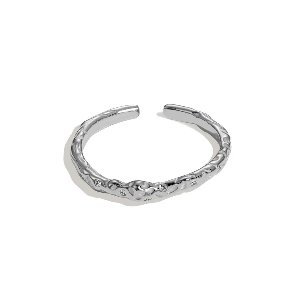 Sterling silver women's adjustable open mouth ring with irregular geometric shape zircon stone in gold and platinum finishes