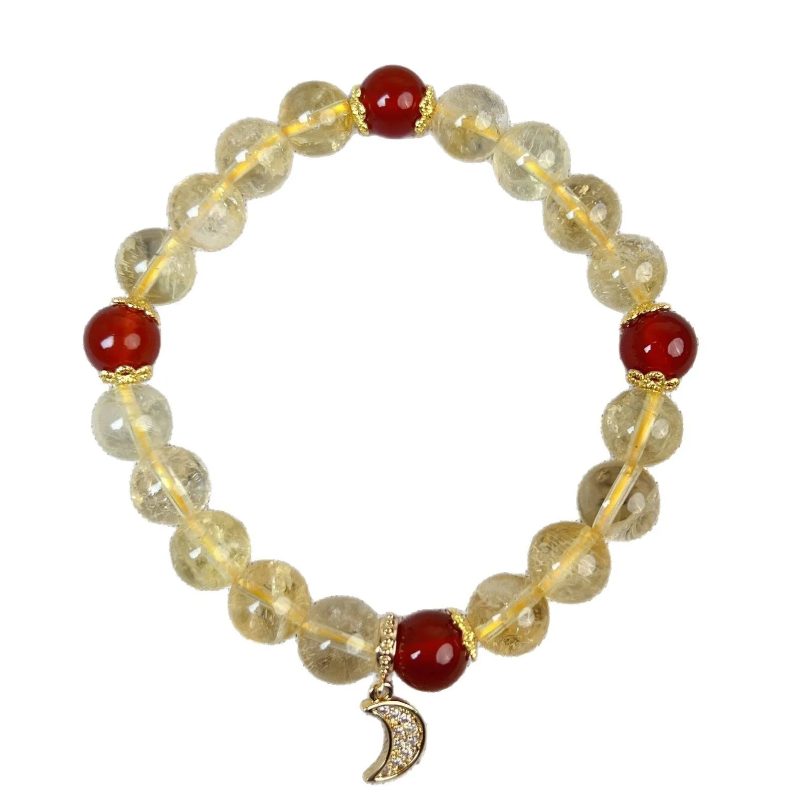 Women's crystal boom bracelet featuring citrine stone, red agate, and central moon design