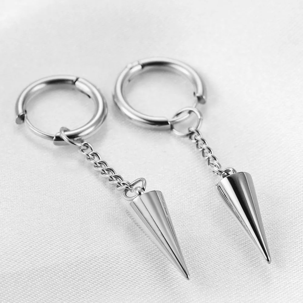 Fashion stainless steel quadrihedron pendant earrings, geometric cone shape, gold electroplated finish, for women