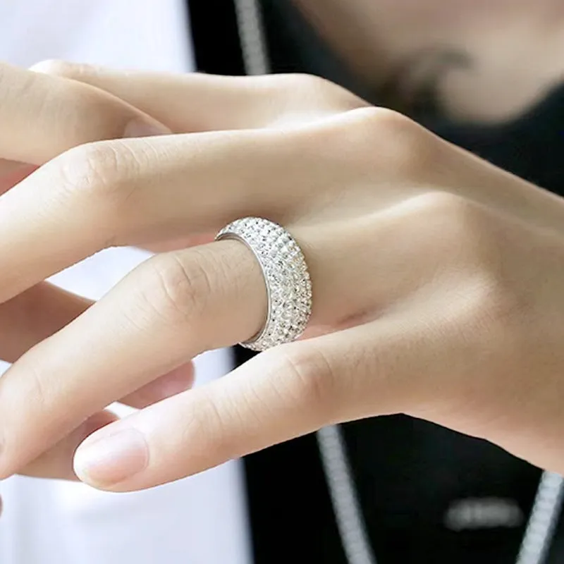 Titanium steel ring with diamond finish, U-shaped band, silver colour, starry sky style, ring size 10