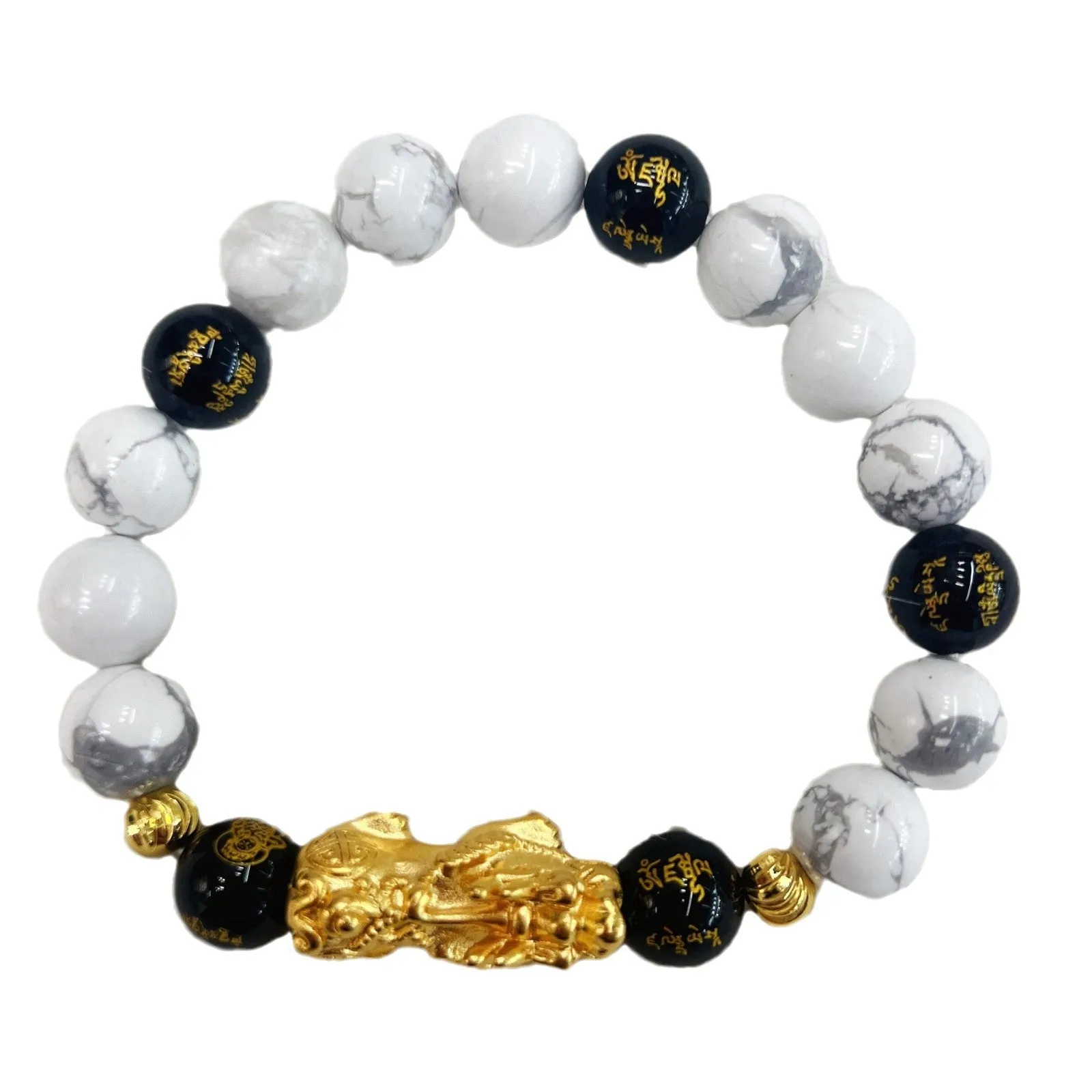 Vintage couple bracelet with white turquoise and black agate stones on a wrist.