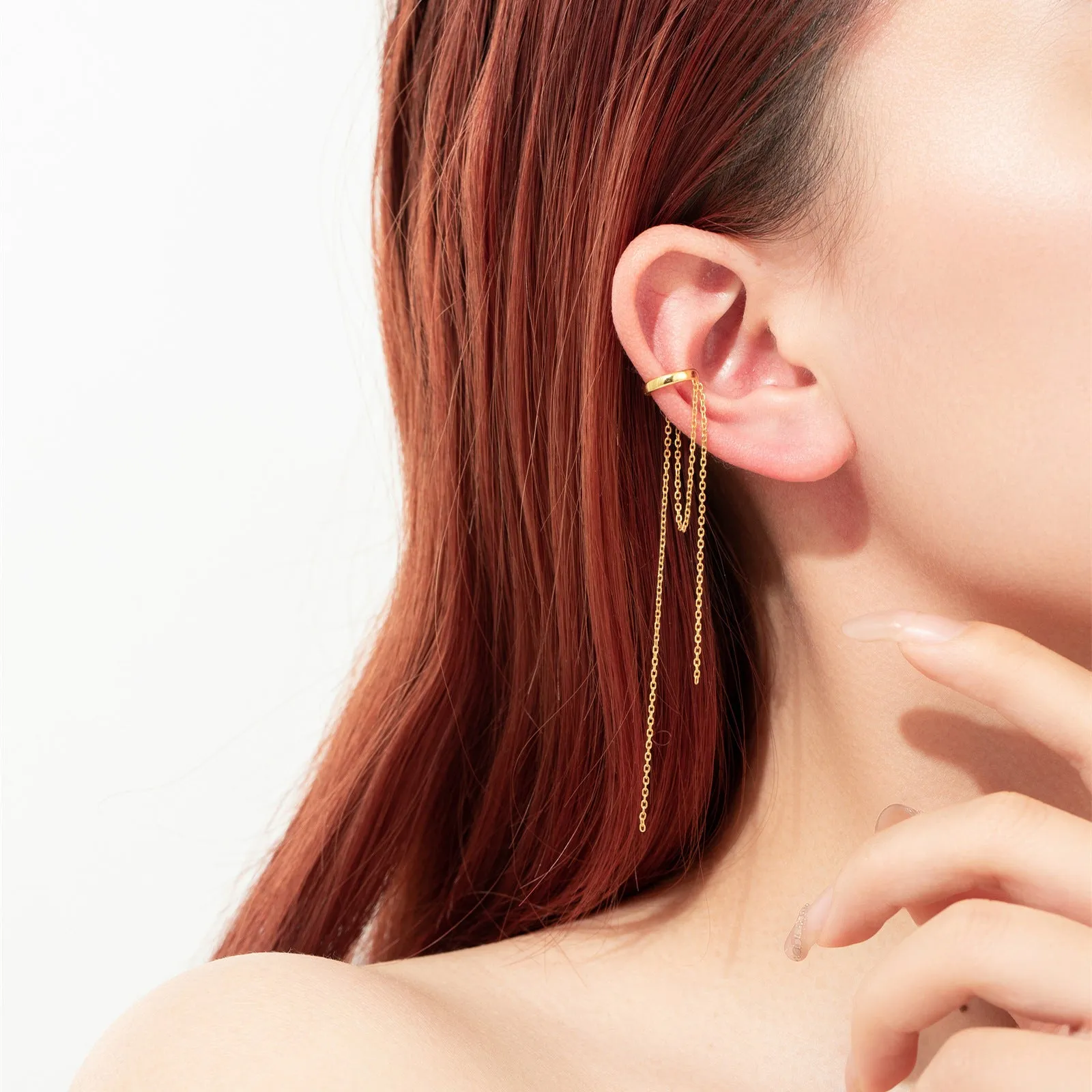 S925 sterling silver tassel pendant ear clip, geometric drop shape, electroplated finish, womens clip-on earrings