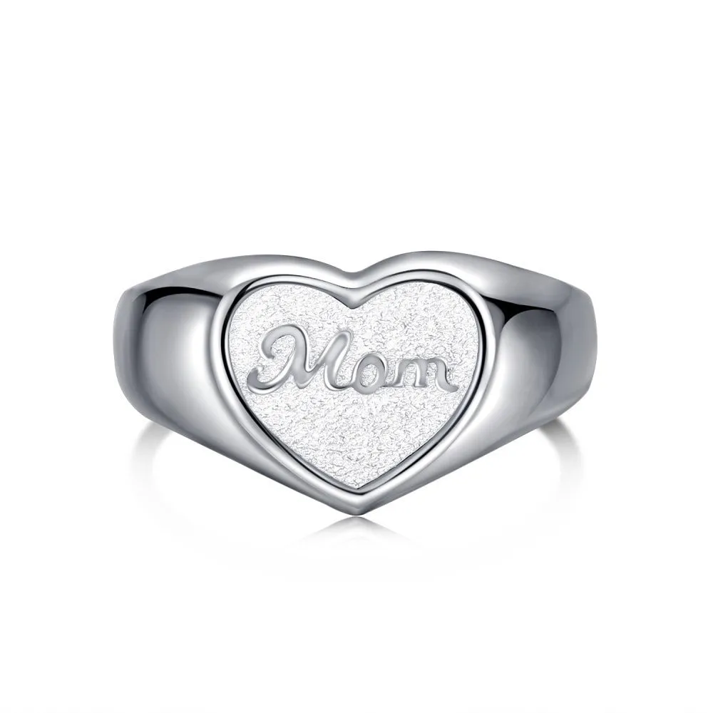 S925 sterling silver heart-shaped MOM open ring for women, adjustable size, retro style