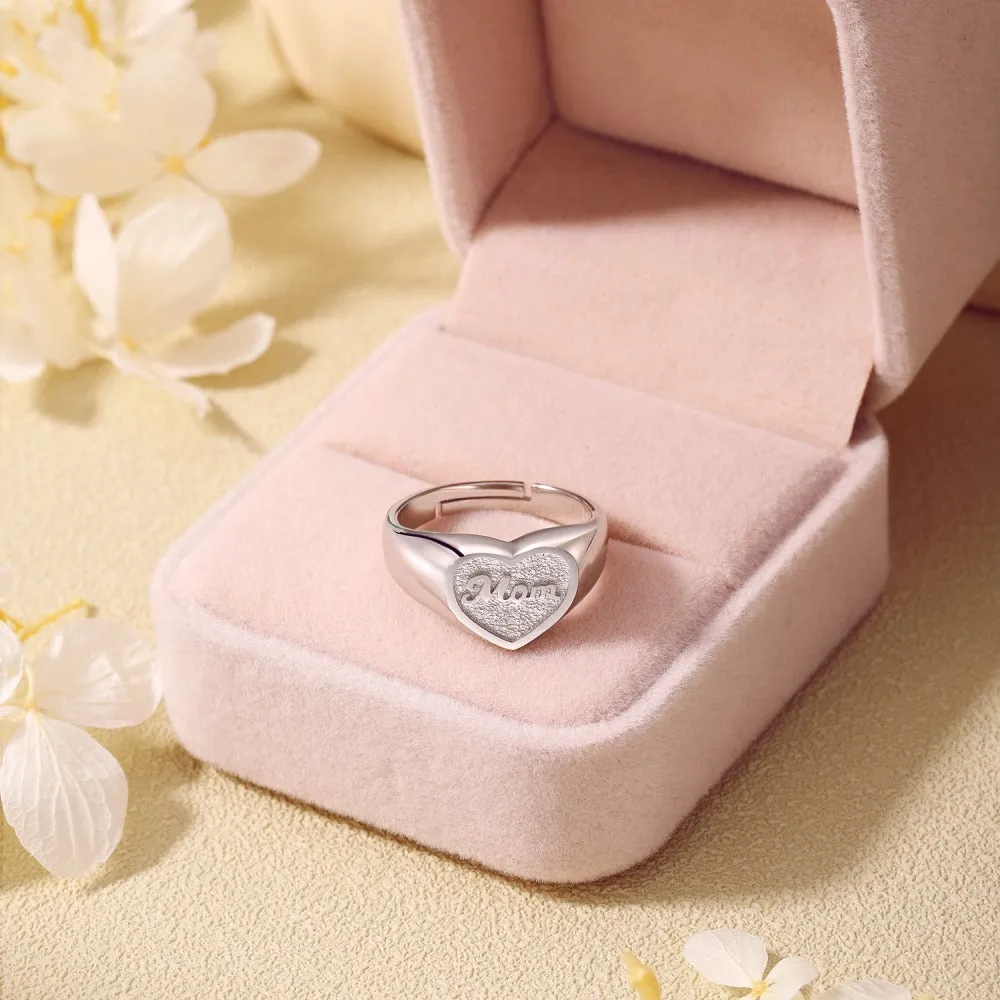 S925 sterling silver heart-shaped MOM open ring for women, adjustable size, retro style