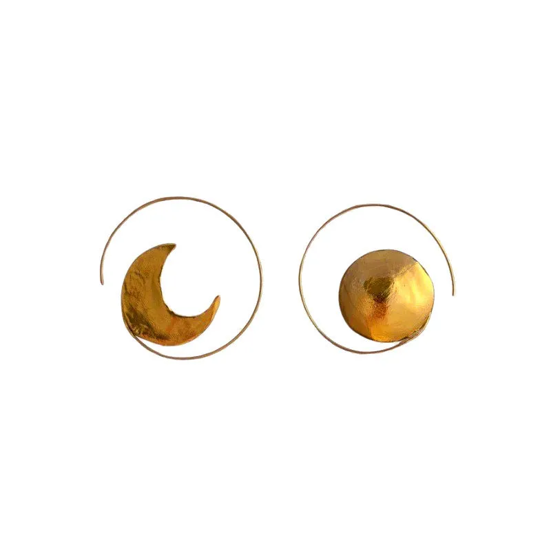 Gold sun moon circle pendant earrings, copper base with 18K real gold plating, 45mm geometric drop earrings