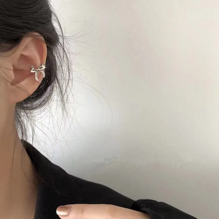 Silver bow copper earrings set with ear clip and ear buckle for women