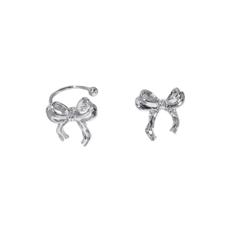 Silver bow copper earrings set with ear clip and ear buckle for women