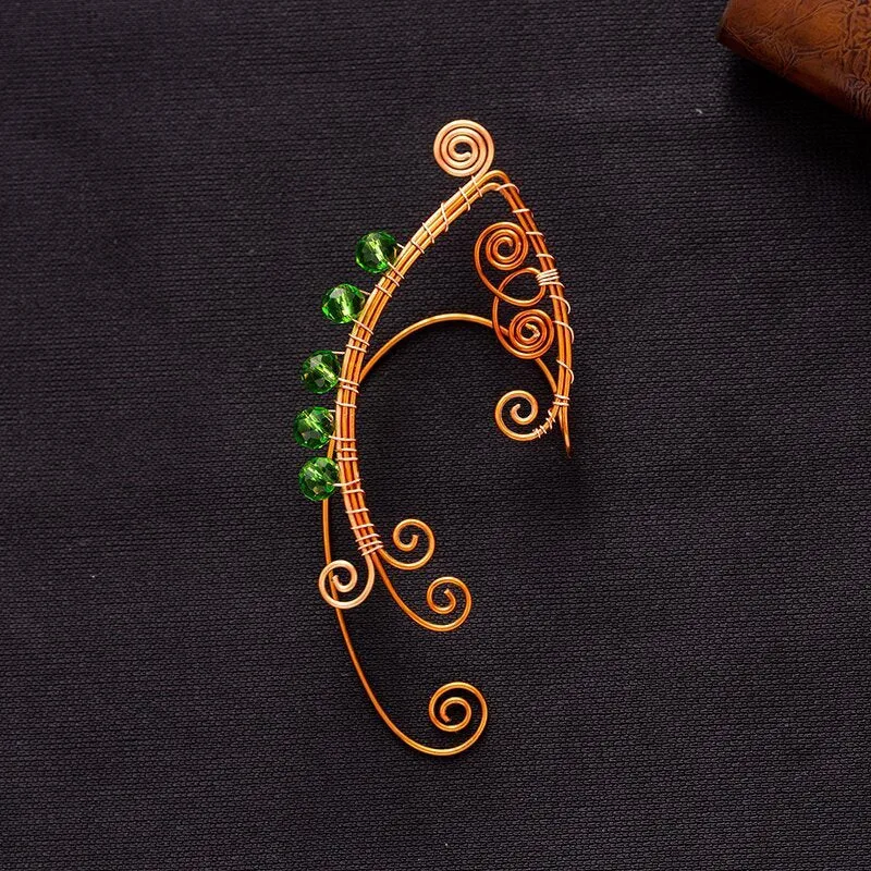 Copper elf ear loop earrings for women, electroplated vintage green geometric design