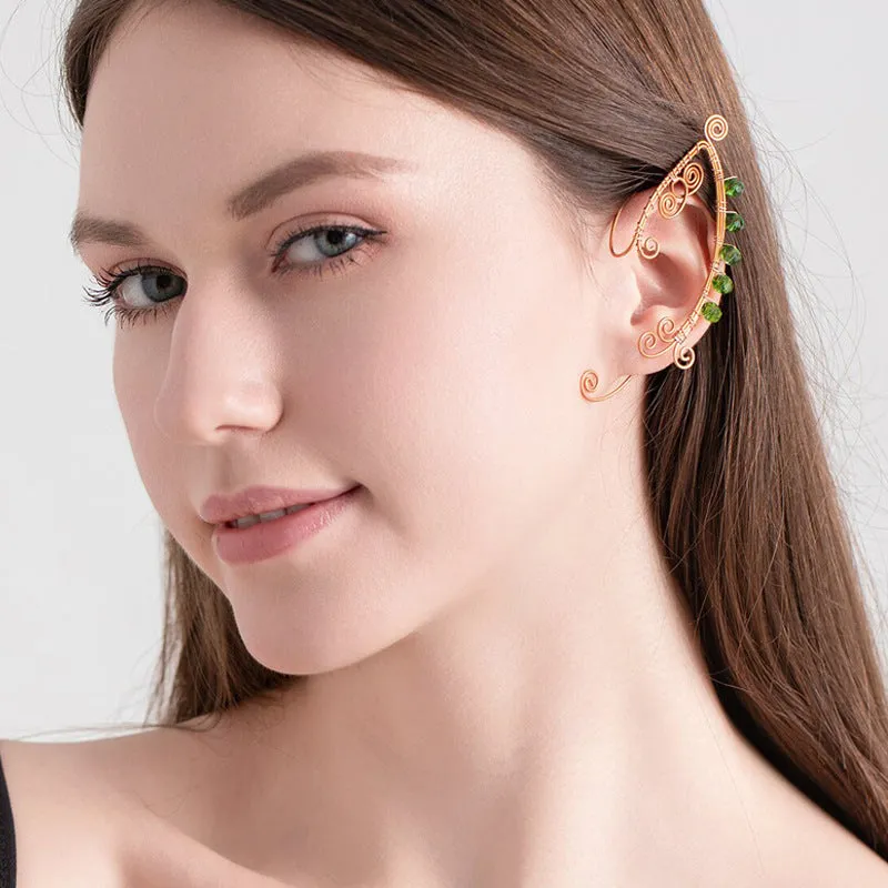 Copper elf ear loop earrings for women, electroplated vintage green geometric design