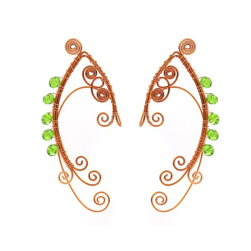 Copper elf ear loop earrings for women, electroplated vintage green geometric design