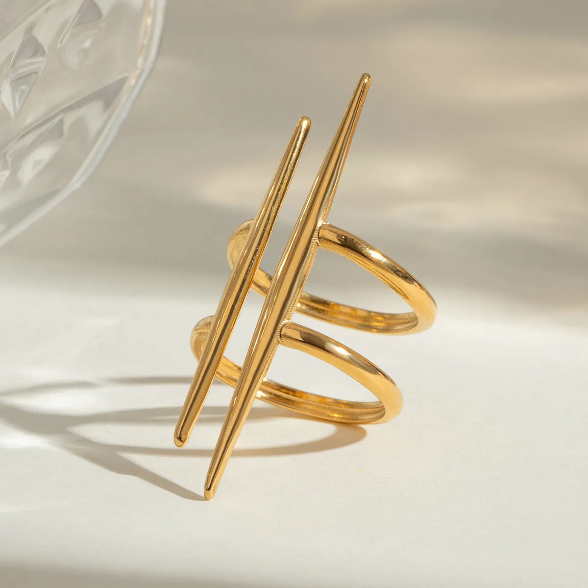 Women's stainless steel geometric line ring with electroplated finish, high-sense design