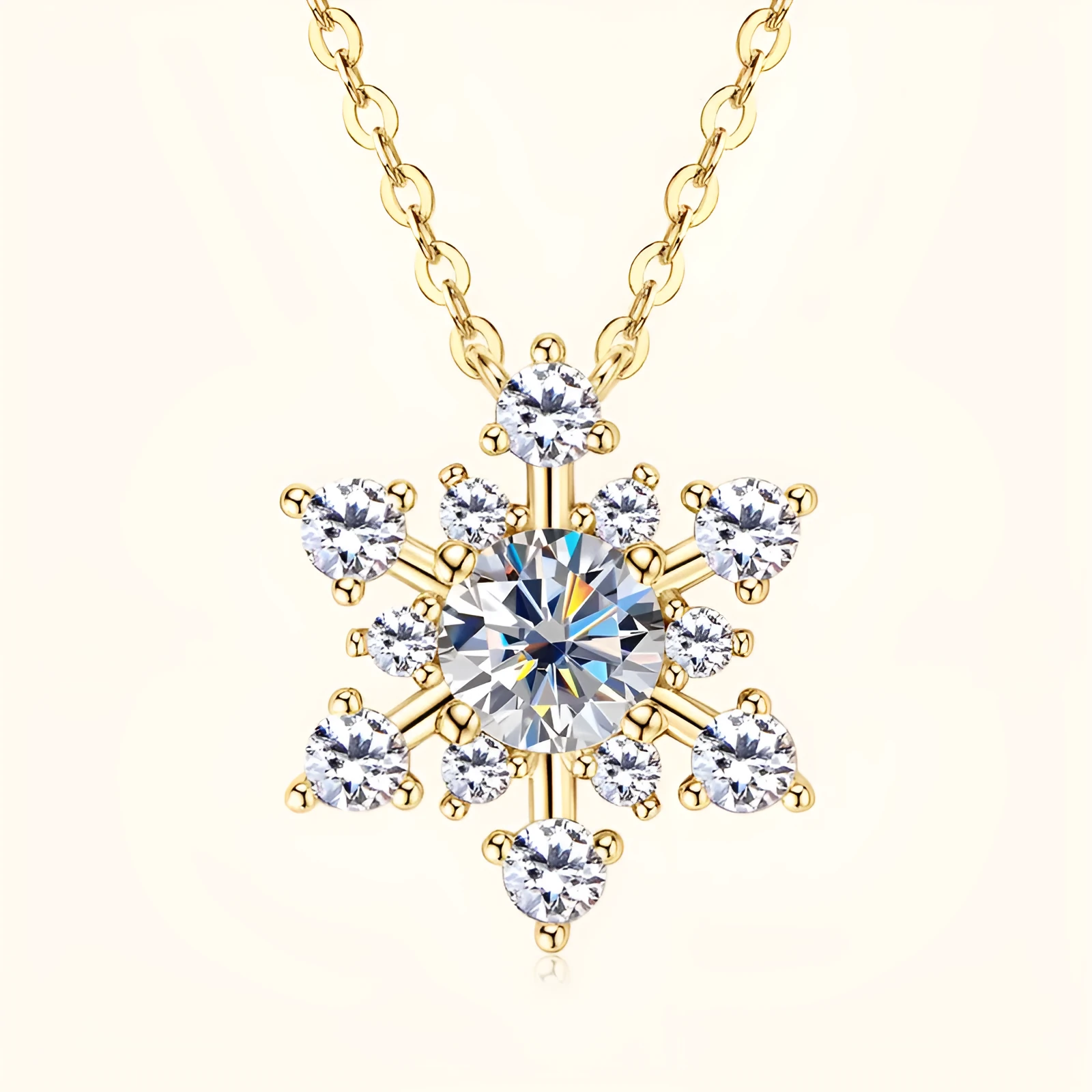 Snowflake moissanite pendant necklace in 925 silver with O-ring chain, gold colour