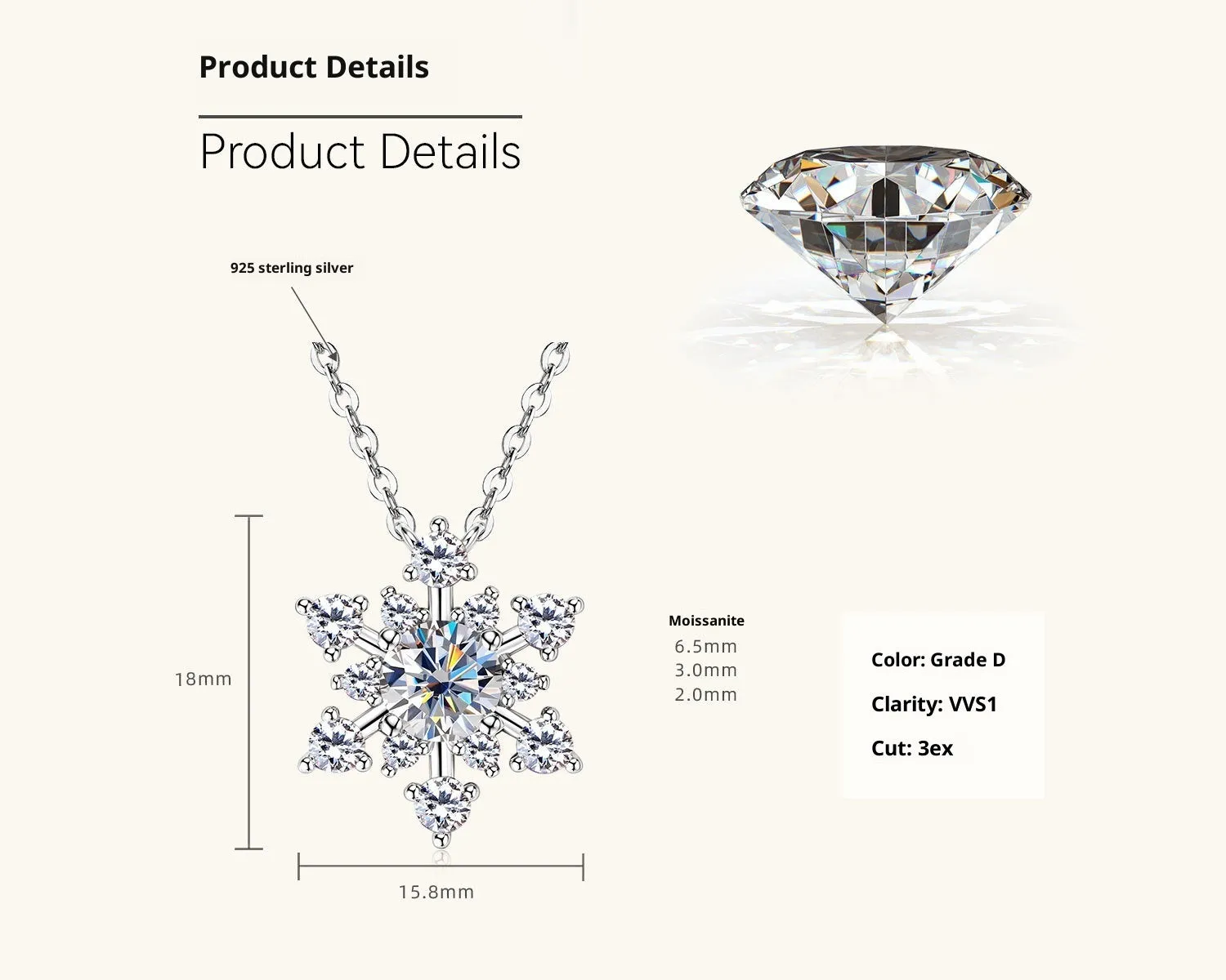 Snowflake moissanite pendant necklace in 925 silver with O-ring chain, gold colour