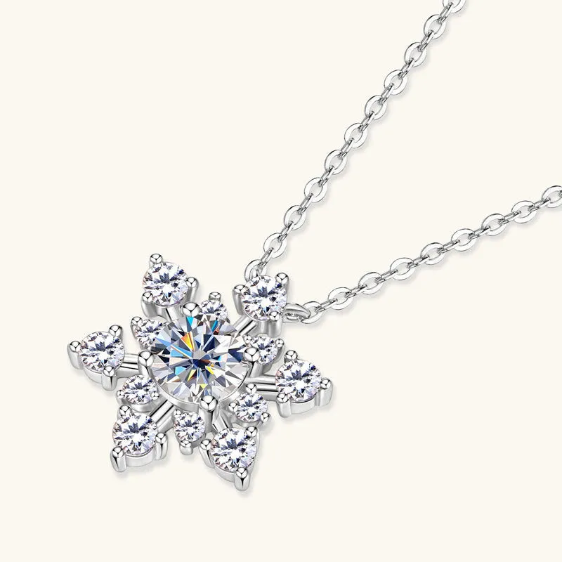 Snowflake moissanite pendant necklace in 925 silver with O-ring chain, gold colour