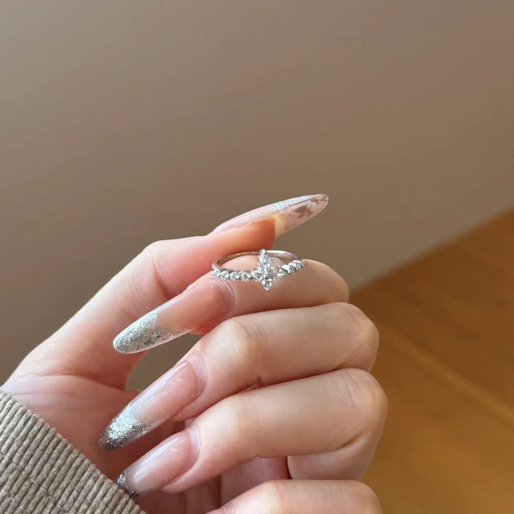 S925 sterling silver ring with butterfly pattern and horse eye zircon inlay, white gold colour finish for women