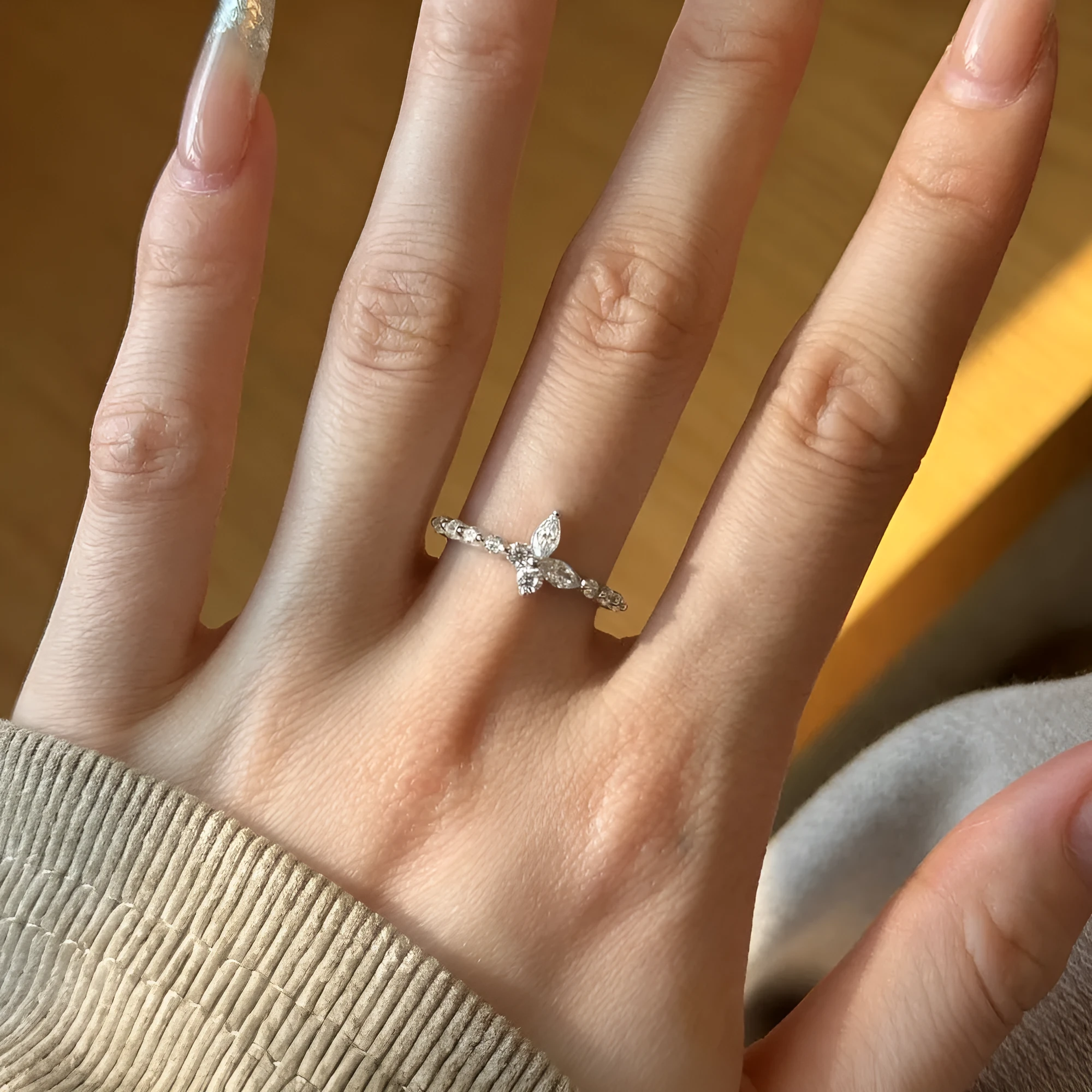 S925 sterling silver ring with butterfly pattern and horse eye zircon inlay, white gold colour finish for women