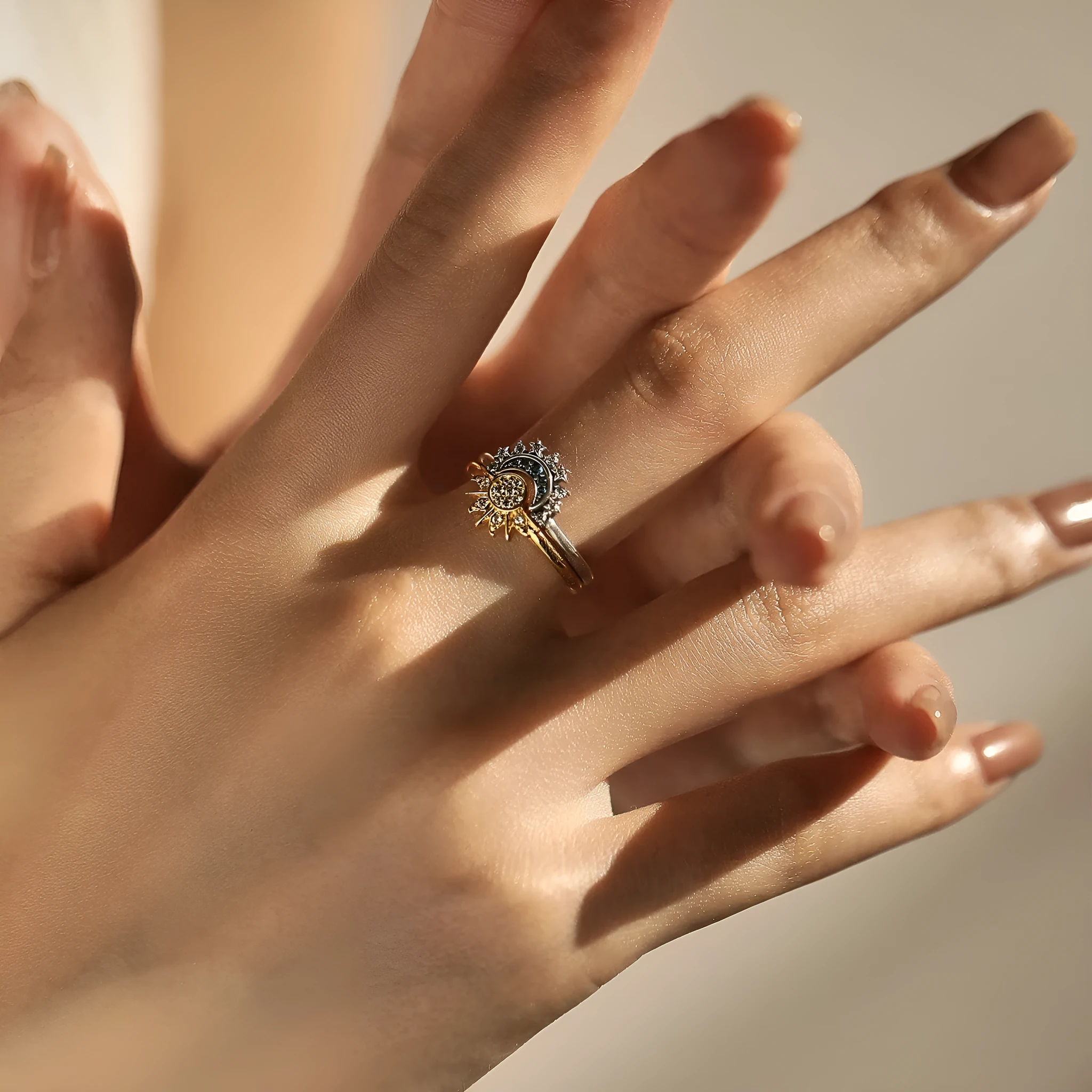 Twin wind sun moon 925 sterling silver ring, asymmetric design, on index finger, US size 7 54mm, colour 2004 Sun