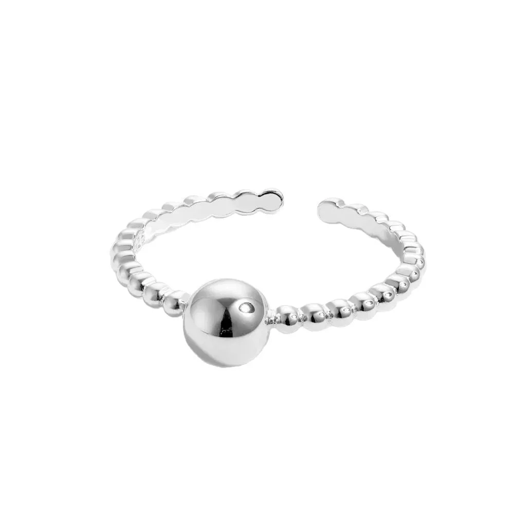 S999 pure silver round bead bean ring silver adjustable women's geometric ring polished finish