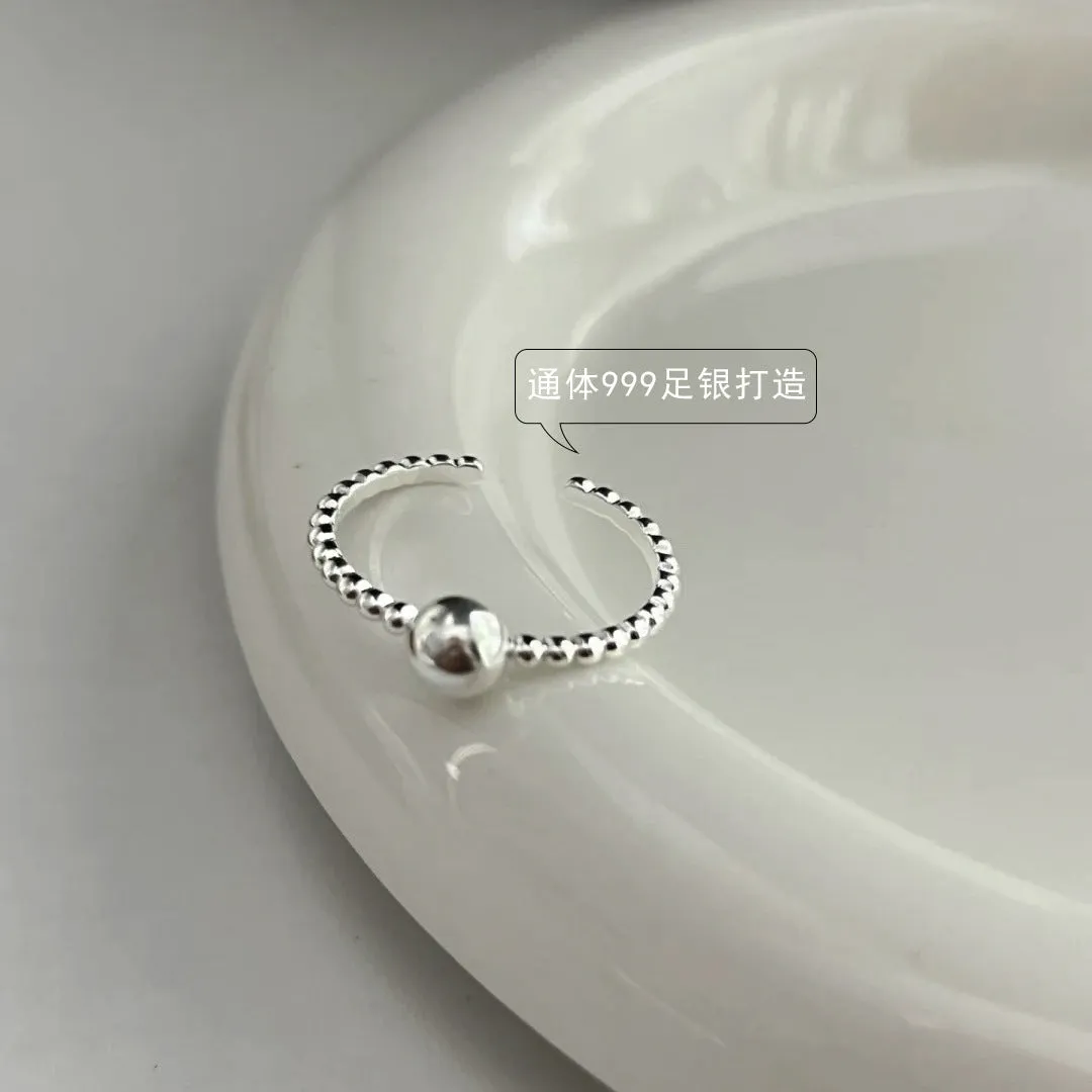 S999 pure silver round bead bean ring silver adjustable women's geometric ring polished finish