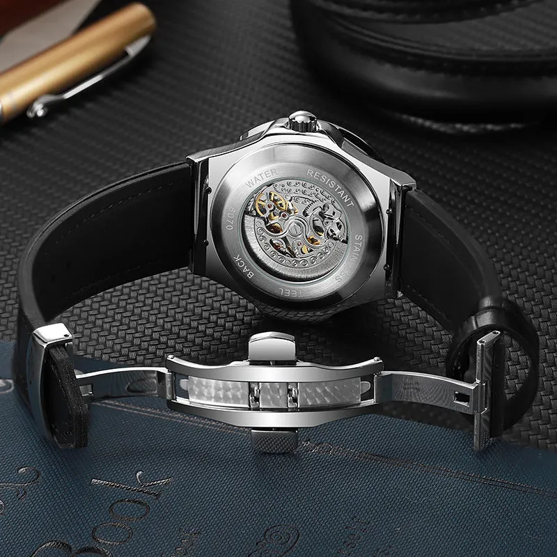 Automatic mechanical men's watch with diamond studs on a white shell case and hollow dial.