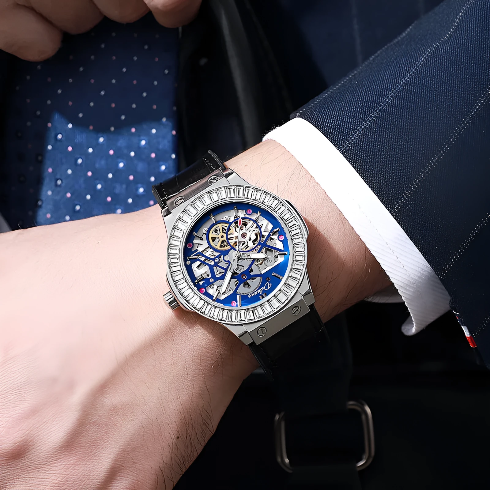 Automatic mechanical men's watch with diamond studs on a white shell case and hollow dial.