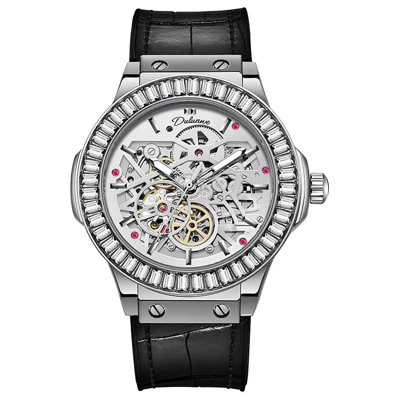Automatic mechanical men's watch with diamond studs on a white shell case and hollow dial.