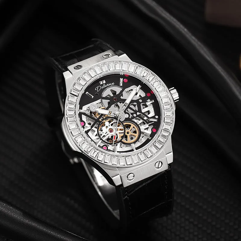 Automatic mechanical men's watch with diamond studs on a white shell case and hollow dial.