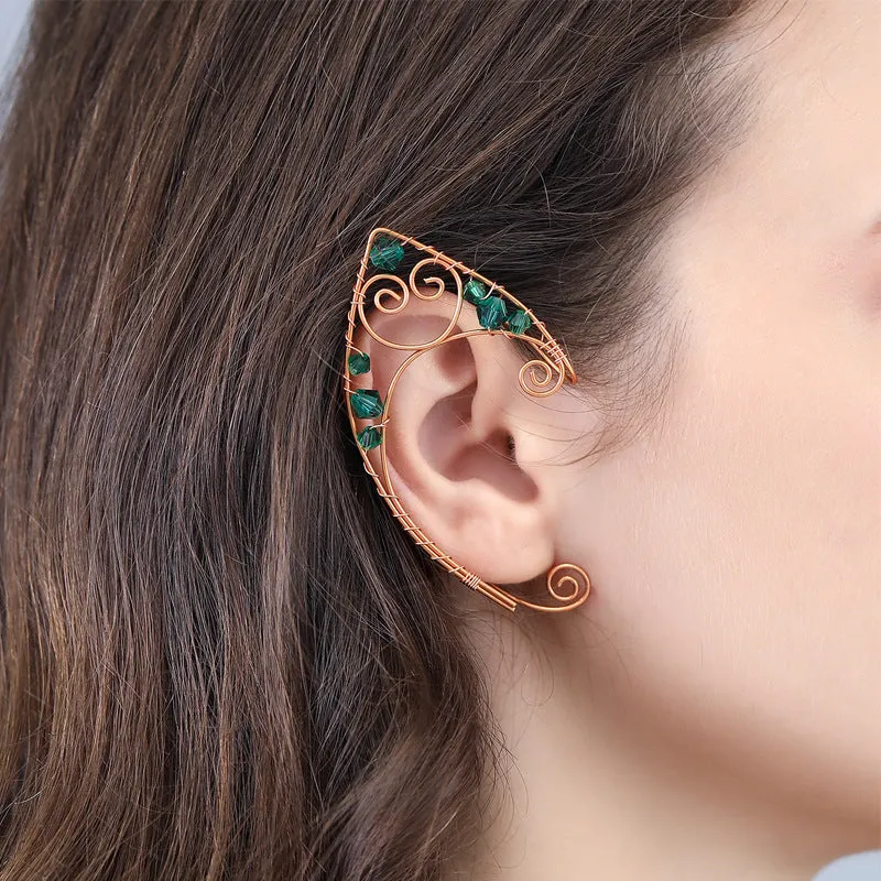 Hand-woven crystal-like mixed material earrings in gold tone, original design, shown as a pair.