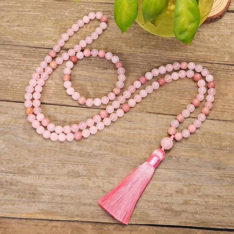 Adjustable stone bead yoga necklace and matching bracelet set with long fringe crystal drop pendant.