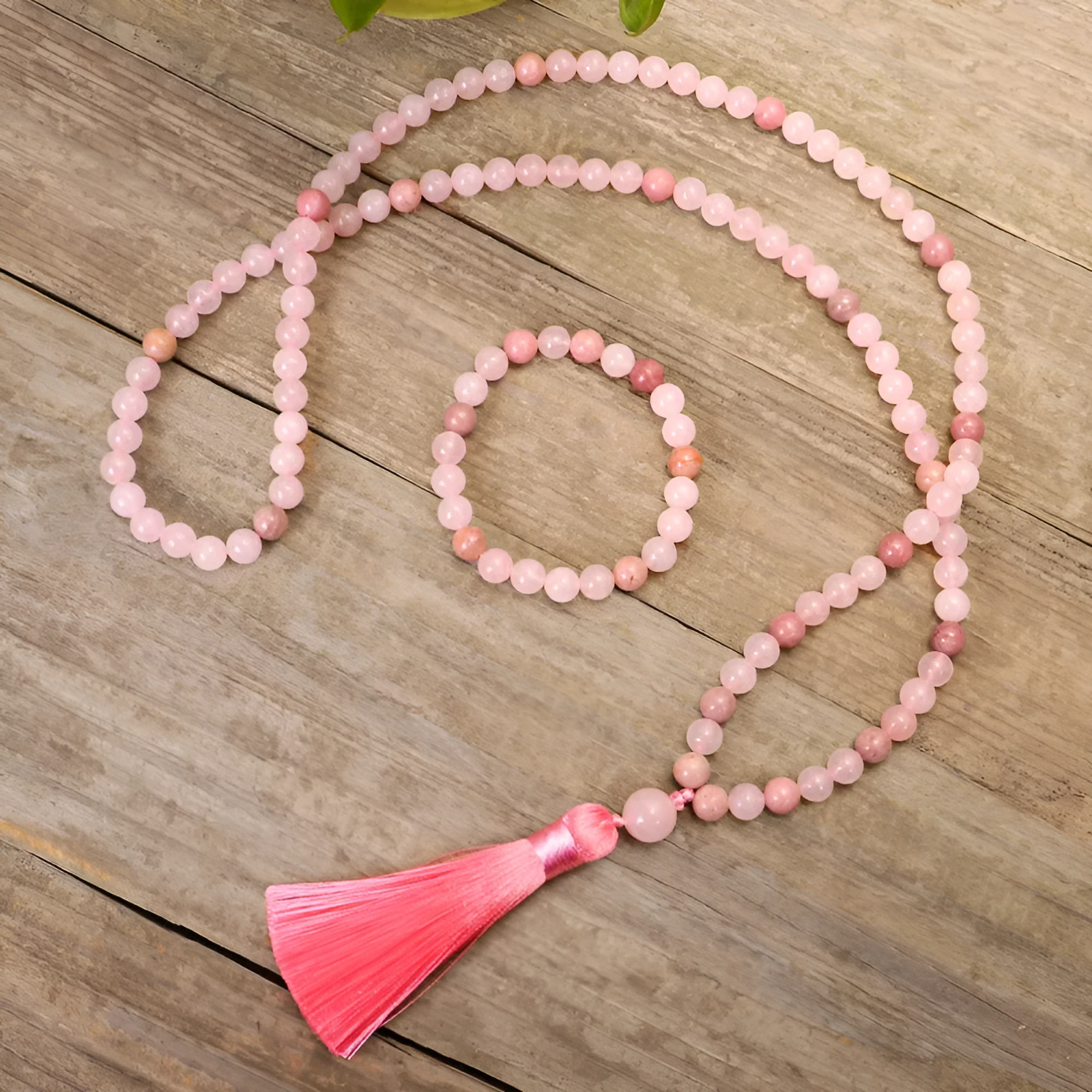 Adjustable stone bead yoga necklace and matching bracelet set with long fringe crystal drop pendant.